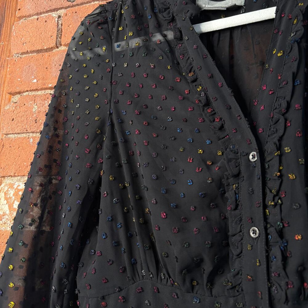 Anthropologie Audrey Clip Dot Black Rainbow Flecked Shirtdress 8 No Slip Sheer - Picture 3 of 13